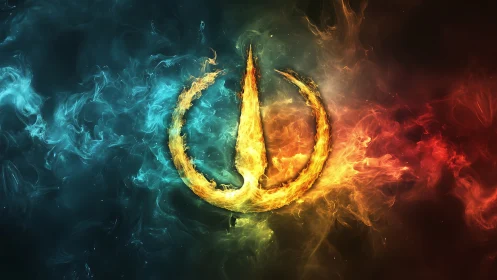 Bifurcated fire power symbol within duotone nebular plasma field.