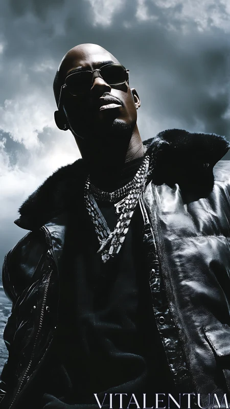 Man in black leather jacket under dramatic stormy sky.