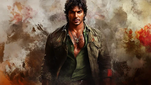 Brooding jungle drifter strides through storm of color and grit.