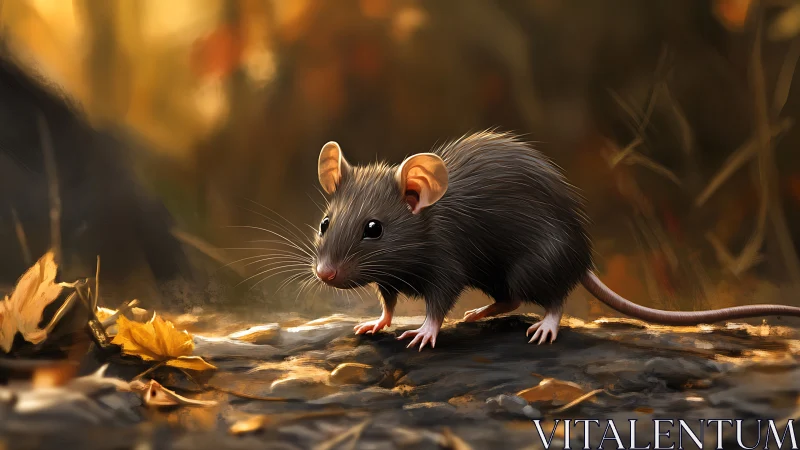 Curious forest mouse pauses on a sunlit autumn woodland floor