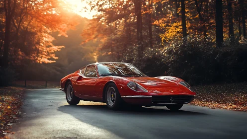 Scarlet classic slices through amber forest light at dusk