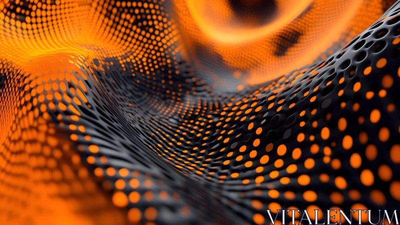 Abstract black mesh with glowing orange dots in digital wave style.