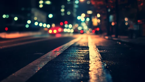 Wet urban roadway at night with bokeh traffic and reflections