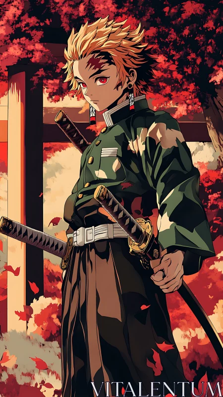 Sword-wielding anime warrior amid vivid autumn foliage.