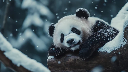 Baby panda rests on snowy log in tranquil winter forest