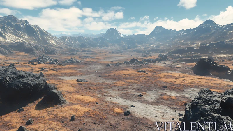 Volcanic plateau with distant cone mountain under clouds.