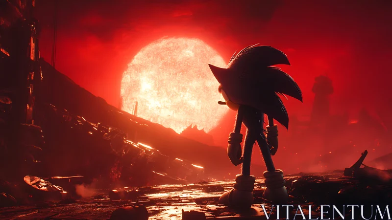 Blue speedster surveys a burning horizon of ruined metal.