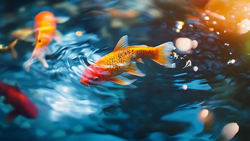 High-saturation koi carp in rippling pond with bokeh light
