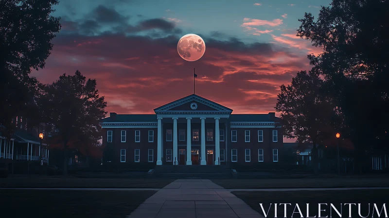 Neoclassical campus building under full moon at dusk.