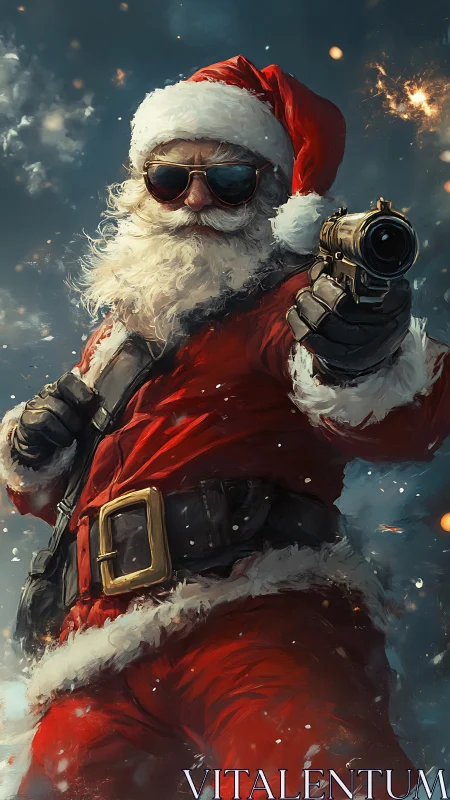 Militarized Santa in dynamic low-angle pose with sidearm raised