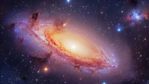 Spiral galaxy core with radiant stellar halo and nebular arcs.