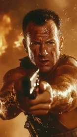 Close-range view of armed man with fire and smoke behind.