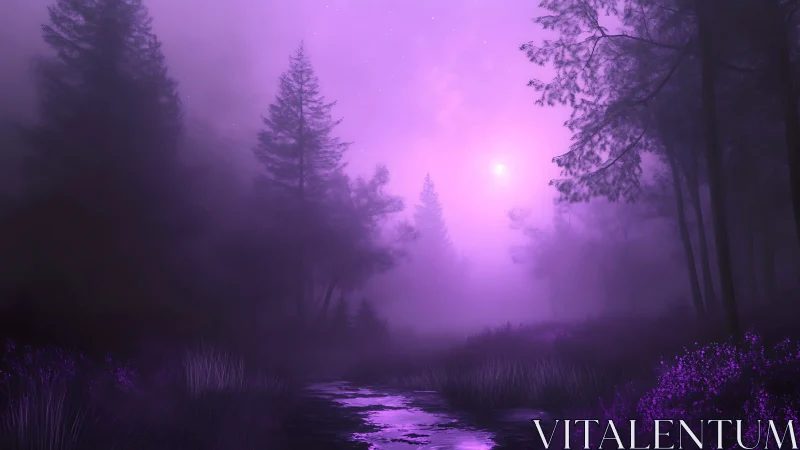 Violet mist covers moonlit forest stream in silent night