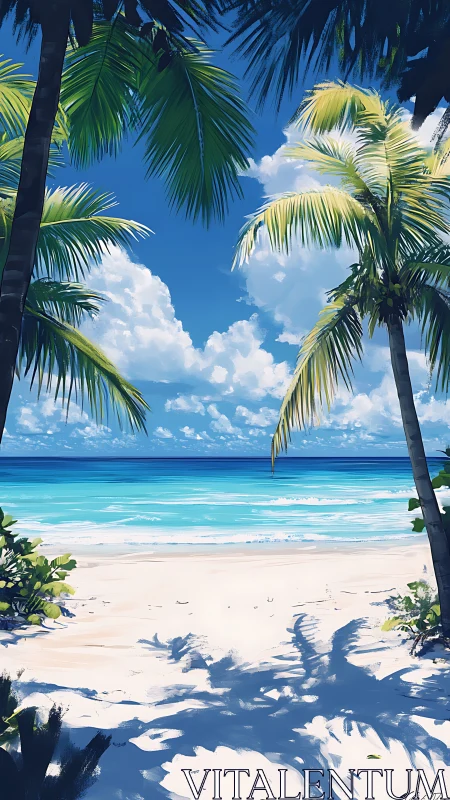 Tropical Beach Paradise: Palm-Framed Coastal Seascape Digital Illustration