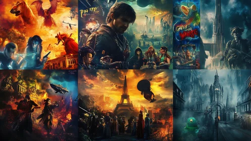 Collaged sci fi fantasy movie posters merge fiery dystopias