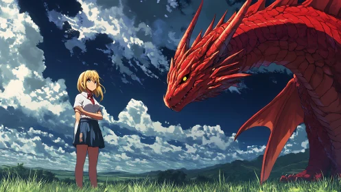 Schoolgirl confronts towering red dragon under storm sky.