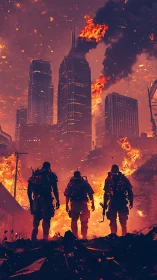 Soldiers stand before burning skyscrapers in ruined city.