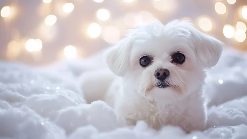 White toy dog in bokeh-lit snow-textured studio portrait.