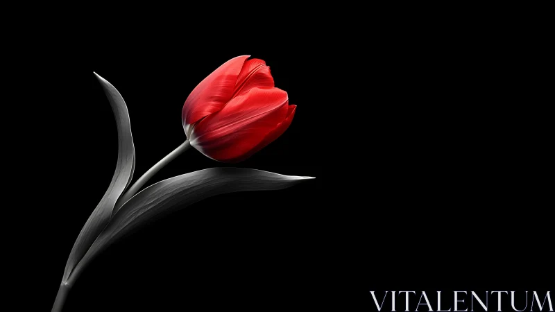 Red tulip with grey foliage rendered against black background