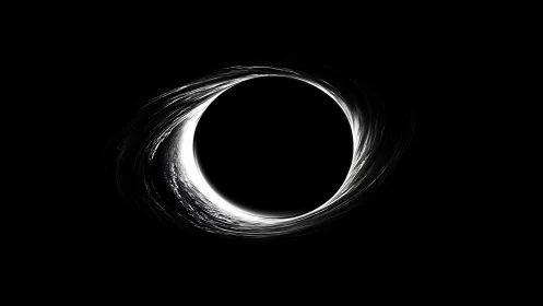 Black circular void with bright swirling light ring.