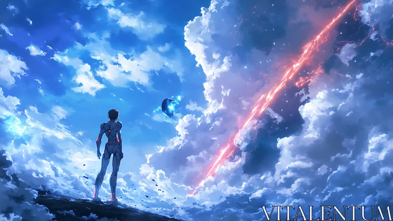 Skybound warrior watches a burning comet carve the clouds