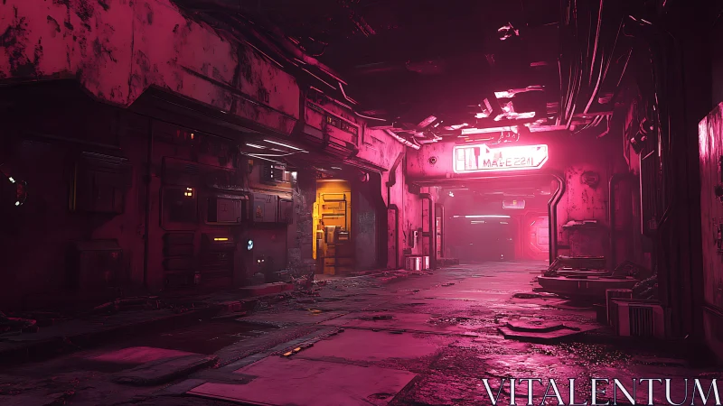 Degraded neon transit corridor with saturated magenta illumination.
