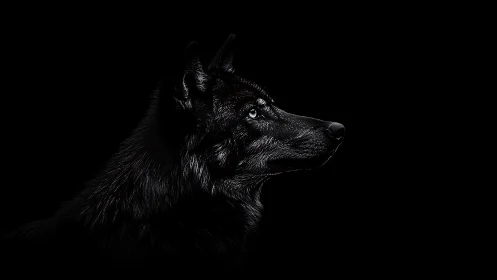 Midnight wolf profile in dramatic low key lighting.
