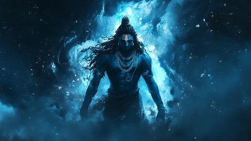 Mythic blue deity in radiant cosmic vortex composition.