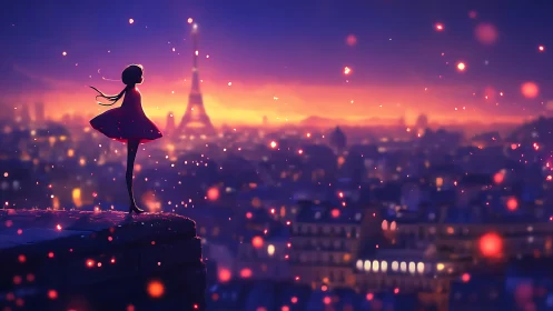 Silhouetted figure stands above illuminated Paris skyline