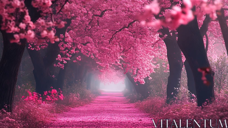 Pink blossom tunnel path under dense flowering trees.