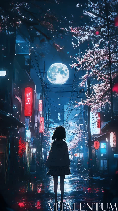 Girl beneath full moon on neon cherry blossom street at night.