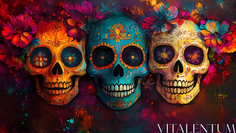 Three decorated sugar skulls aligned with vivid flowers