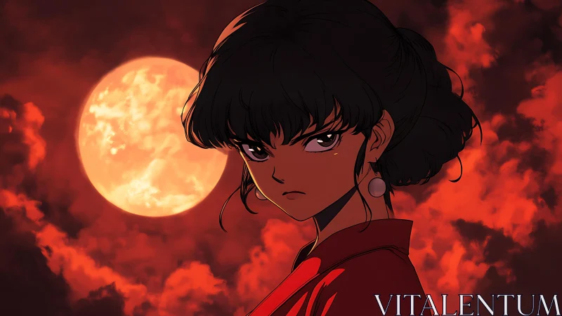 Defiant anime heroine under blood moon and burning sky.