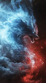 Storm of ice and fire: celestial wolf rising high.