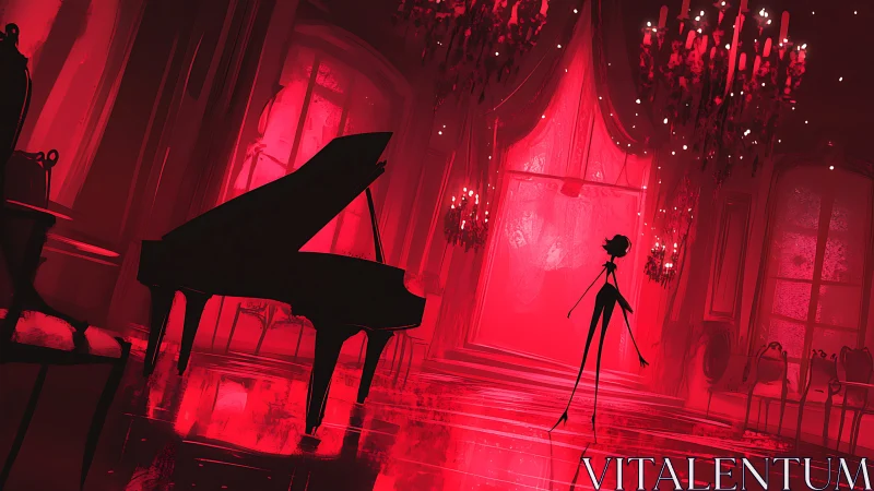 Scarlet-lit ballroom isolates silhouetted pianist and grand piano