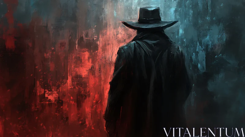 Lone silhouette in coat divides red and blue abstract field