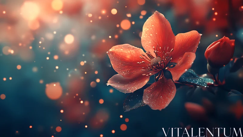 Luminous Red Flower with Dewdrops in Dreamlike Bokeh.