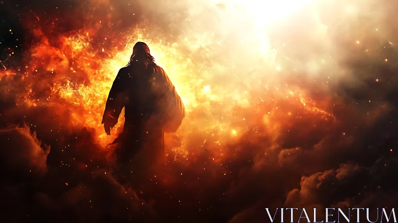 Silhouetted robed figure strides through blazing cosmic fire.