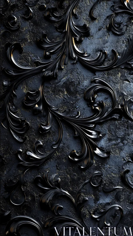 Glossy black baroque scrollwork overlays rough dark metallic plaster