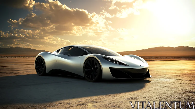 Silver concept sports car on dry lake at sunset.