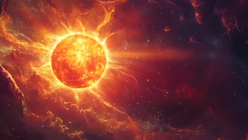 Stellar plasma sphere emits radial flares in dense red nebula