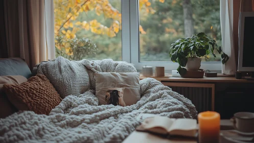 Cozy sofa nook with knits, autumn window light, and candle glow.