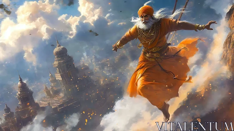 Dynamic warrior ascends above domed cityscape in turbulent clouds