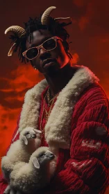 Horned trendsetter cradles celestial lambs in ember haze