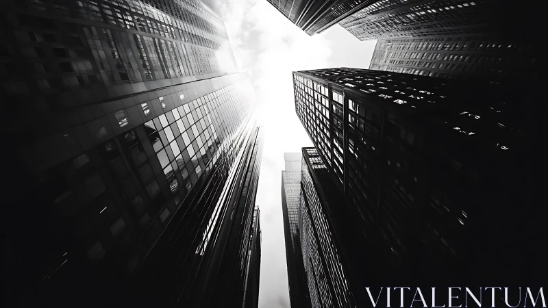 Monochrome skyscrapers converge toward a bright overcast sky