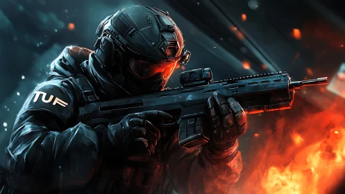 Tactical operator with rifle in high-contrast firelit combat