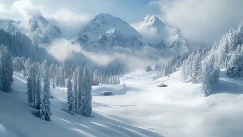 Snow-covered alpine valley shows trees, cabins and mountains