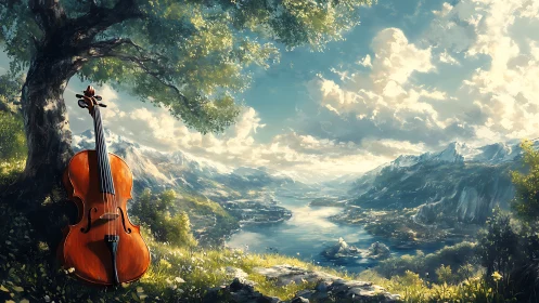 Cello positioned under tree beside expansive mountain lake.