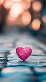 Magenta Heart Rests Upon Weathered Blue Stone Mosaic Below Golden Bokeh Lights