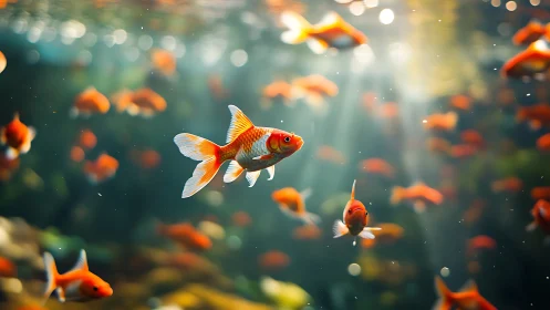 Goldfish swimming in sunlit water with soft bokeh background.
